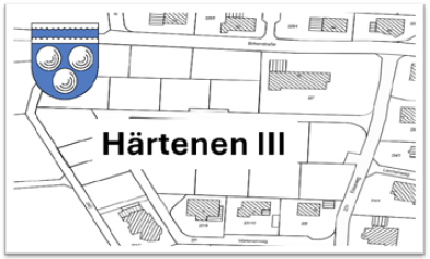 Lageplan mit Beschriftung "Härtenen III", Parzellen, Straßen und Gemeindewappen oben links.
