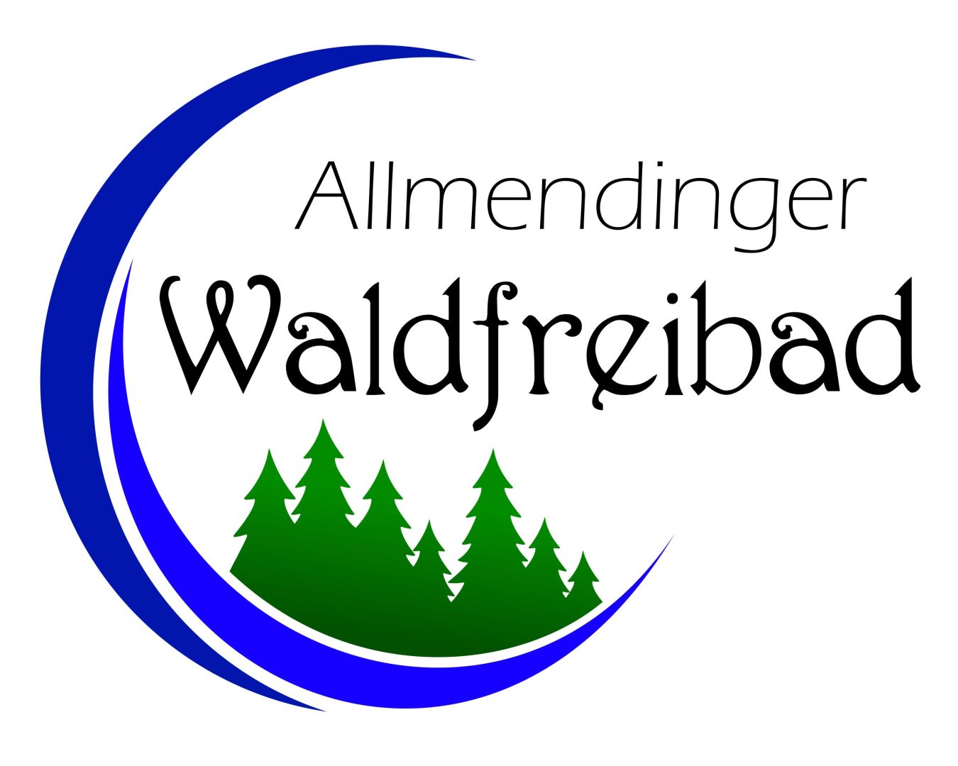 Logoschrift „Allmendinger Waldfreibad“ mit grünen Tannen innerhalb blauer Kreisbögen