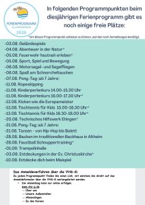 Liste mit Terminen und freien Plätzen des Ferienprogramms Allmendingen 2026, Titel und Programmpunkte auf türkis Hintergrund.