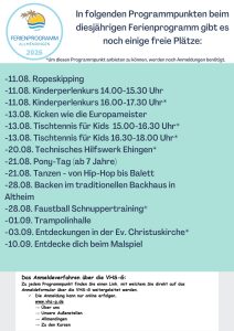 Ferienprogramm Allmendingen 2026 mit freien Plätzen und Kursliste