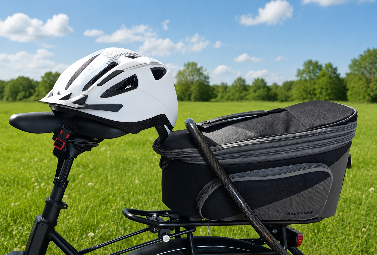 Weißer Fahrradhelm auf Sattel und schwarze Gepäcktasche auf Fahrrad vor grünem Feld.