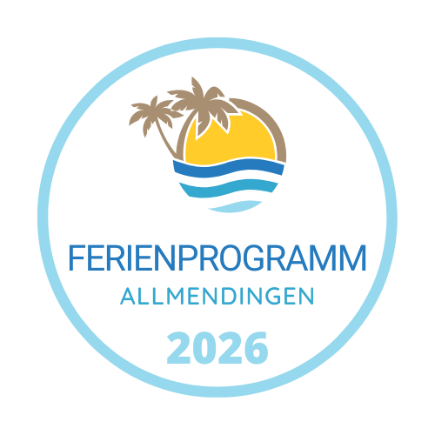 Logo mit Sonne, Palmen, Wellen und Text "Ferienprogramm Allmendingen 2026"