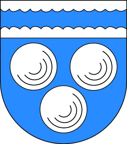 Blaues Wappenschild mit drei weißen, spiralartig gemusterten Kugeln und wellenförmigem Rand